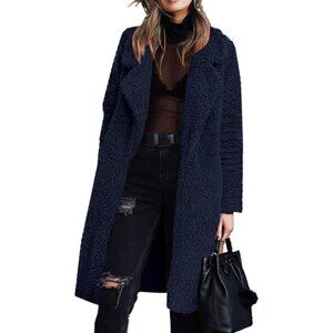 Women's Navy Fuzzy Fleece Lapel Open Front Long Cardigan Coat Fur Warm Winter